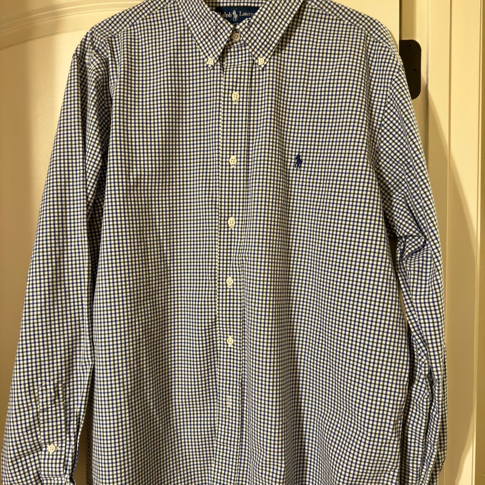 Ralph Lauren Men's Blue and White Gingham Shirt